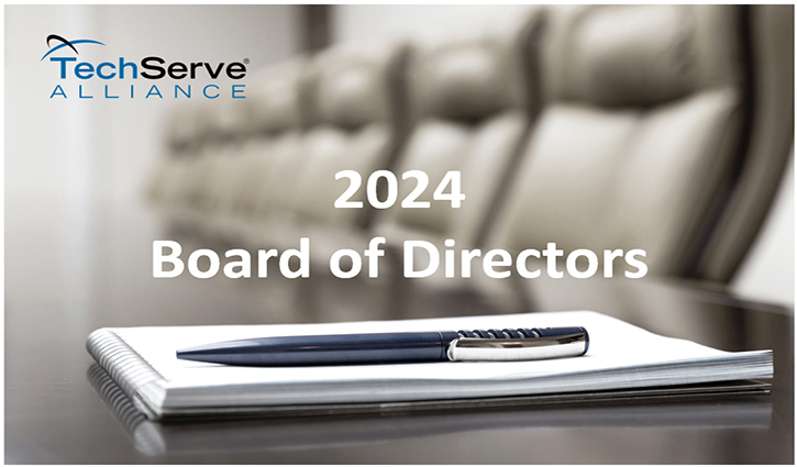 A conference table holds a pen atop a stack of papers labeled 2024 Board of Directors, while the TechServe Alliance logo graces the top left corner.