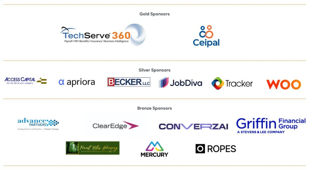 A sponsor page displaying logos of Gold, Silver, and Bronze sponsors, plus a Solution Spotlight highlighting Sponsor Benefits from TechServe 360, Ceipal, Access Capital, apriora, BECKER LLC, JobDiva, Tracker, WOO, ClearEdge, advance partners, and more.