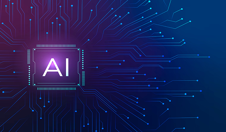 Illustration of a microchip labeled AI at the center, with circuit lines radiating outwards against a gradient background from purple to blue. This 2024-themed design embodies connectivity and technology in the modern workplace.