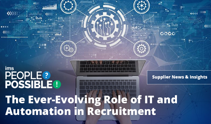 The Ever-Evolving Role of IT and Automation in Recruitment 2 A person types on a laptop keyboard with digital icons and circuit patterns above, symbolizing automations crucial role in IT recruitment. The text reads, The Ever-Evolving Role of IT and Automation in Recruitment.