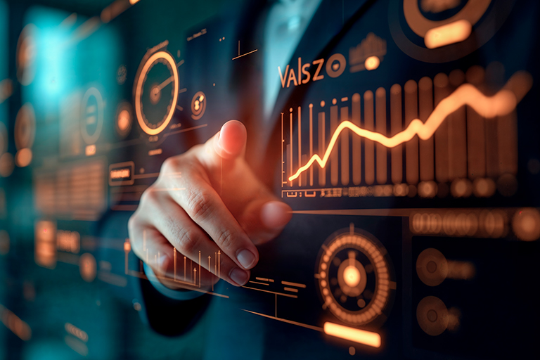 A person interacts with a futuristic digital interface displaying glowing orange graphs and charts, suggesting Business Optimization Analysis or technology-driven decision-making for TechServe Alliance members.