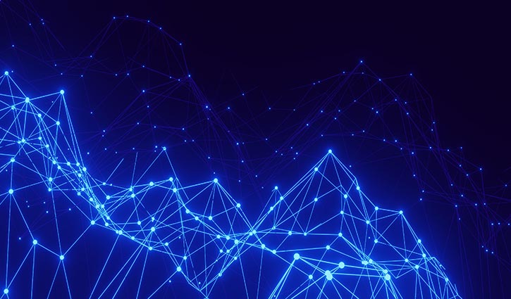 A digital abstract image depicting glowing blue lines and nodes forming a complex, network-like structure against a dark background. The lines and nodes create a dynamic, wave-like pattern, unraveling concepts of connectivity and digital transformation.