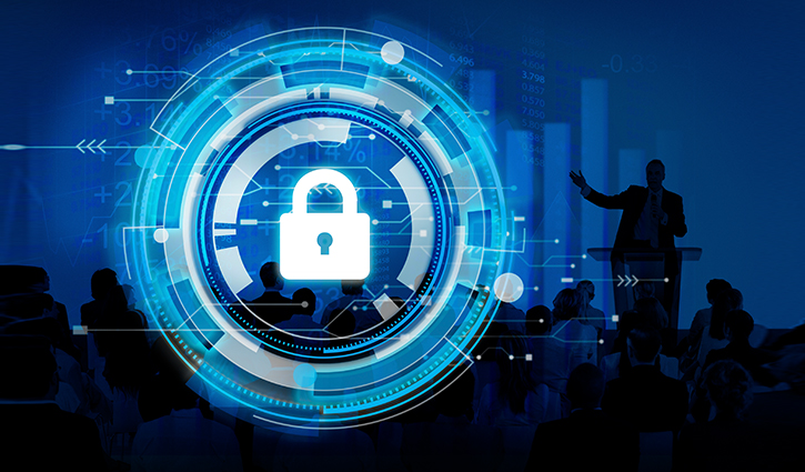 In this digital illustration, a padlock symbol takes center stage, surrounded by concentric blue circles and technology-themed graphics. Silhouettes of people in a conference setting, possibly discussing the implications of the SECURE Act 2.0 for employers in 2024, appear against blue-toned charts in the background.