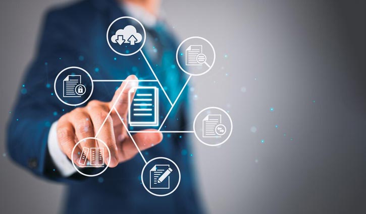 A person in a suit points at a digital interface, highlighting interconnected icons representing cloud storage, document editing, and data management. The scene underscores technology and business concepts with an emphasis on secure document access and compliance against a blurred background.