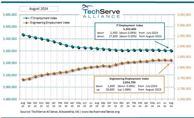 The line graph from TechServe Alliance illustrates IT and engineering employment indices from Sept 2013 to Aug 2024. While the engineering index shows a slight increase, the IT employment index is struggling with a modest decline. Detailed figures for August 2024 are included.