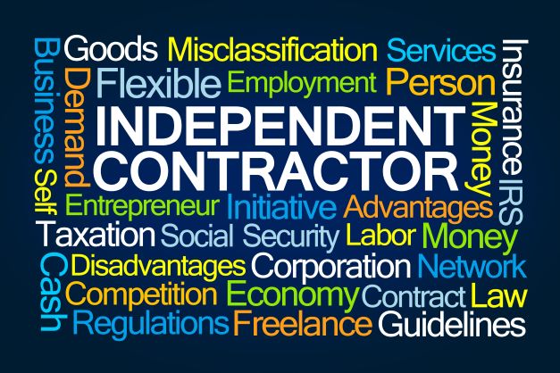 A vibrant word cloud focused on Independent Contractor, featuring dynamic terms like Entrepreneur, Freelance, and Taxation, highlights the intricate balance of risks and rewards. Words like “Employment,” “Economy,” and “Regulations” swirl in various colors, painting a vivid staffing landscape.