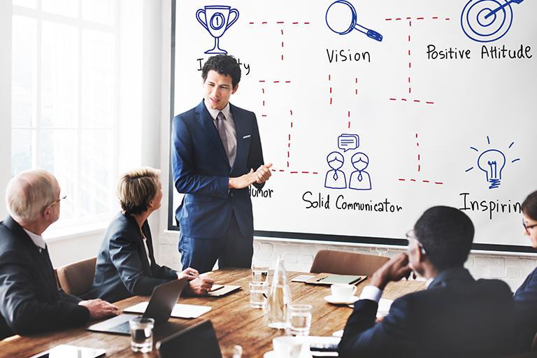 A man in a suit presents to four colleagues in a meeting room. Behind him, a whiteboard displays icons and words like Vision, Positive Attitude, Market Trends, Solid Communicator, and Inspiring.