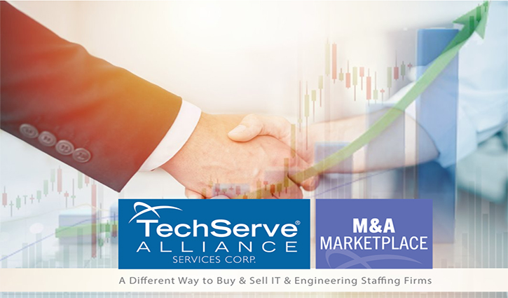 Two individuals shaking hands signify a strategic acquisition, set against stock market graphs. Overlaid text reads TechServe Alliance and M&A Marketplace, with a tagline about IT and engineering staffing firms.