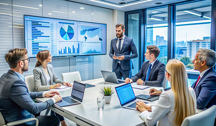 A group of six people in formal attire gather in a modern conference room with large windows. They are seated around a table with laptops, while one person stands presenting financial charts on a large screen, emphasizing profitability strategies for tech staffing firms.