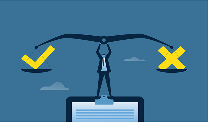 HR Insights-Leveraging AI in Employment Decisions Balancing Benefits and Risks 2 Illustration of a figure balancing on a clipboard while holding a scale, symbolizing HR Insights. The right side has a heavier yellow X, while the left features a lighter yellow check mark. A backdrop of blue sky and clouds completes the scene.