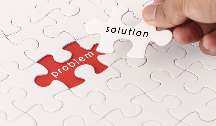 Management concept with hand holding piece of jigsaw puzzle with problem and solution wording