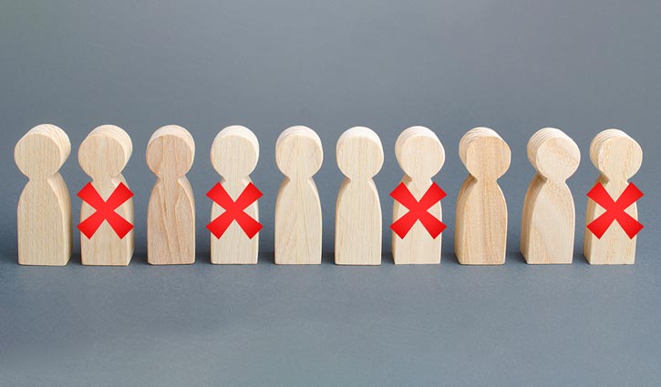 Wooden figures in a row with red X marks on three of them, highlighting the intense talent competition. The gray background underscores the concept of choice and rejection, resonating with todays job market challenges faced by experts at IMS People Possible.