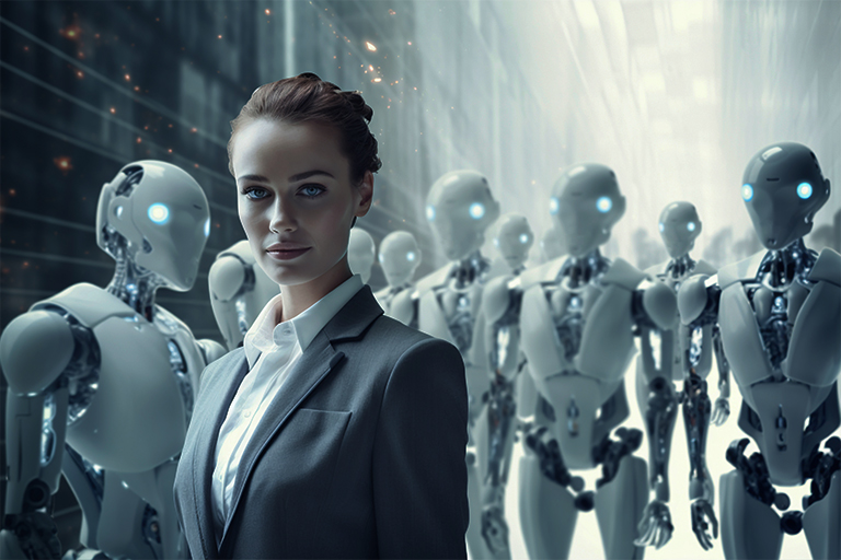 A woman in a business suit stands confidently in front of a group of humanoid robots with glowing blue eyes, ready to lead them into the future market from a high-tech corridor.