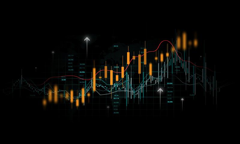 A digital chart showing candlestick graphs, line graphs, and upward arrows on a dark background, representing stock market trading, shifting market trends, or financial data analytics for sustainable growth.