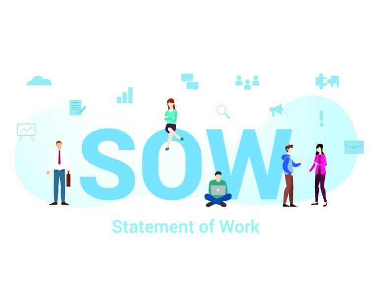 Illustration of large SOW letters with Statement of Work below. People interact and work on the letters, surrounded by business icons like charts, graphs, and envelopes, highlighting key aspects of an SOW.