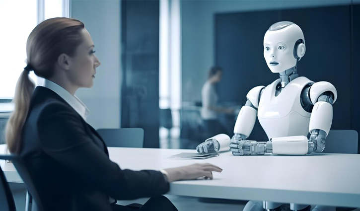 A woman in a business suit sits across from a humanoid robot, showcasing the future of recruiting in a modern office. As AI tools integrate seamlessly, both appear engaged in conversation, while another person works diligently in the background.