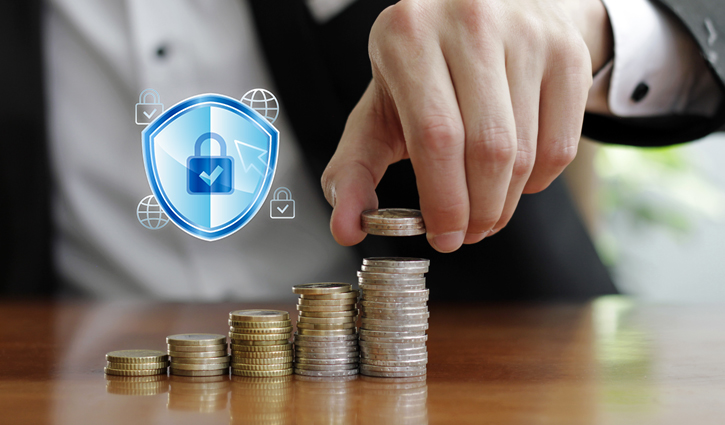 A person is stacking coins on a table in ascending order, symbolizing growth. A digital security shield icon, akin to the SECURE 2.0 Acts promise of financial protection, is displayed in the background. The focus remains on the coins and the hand, emphasizing secure financial growth.