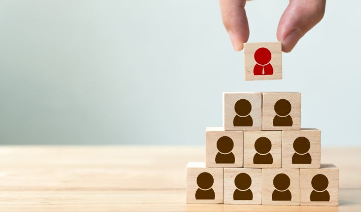 Human resource management and recruitment business concept, Hand putting wood cube block on top pyramid, Copy space