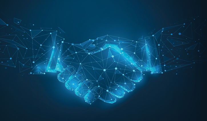 Illustration of two hands shaking, composed of glowing blue digital lines and dots against a dark background, symbolizing how Chris Powell, Chief Revenue Officer, aims to maximize growth through digital connection and partnership.