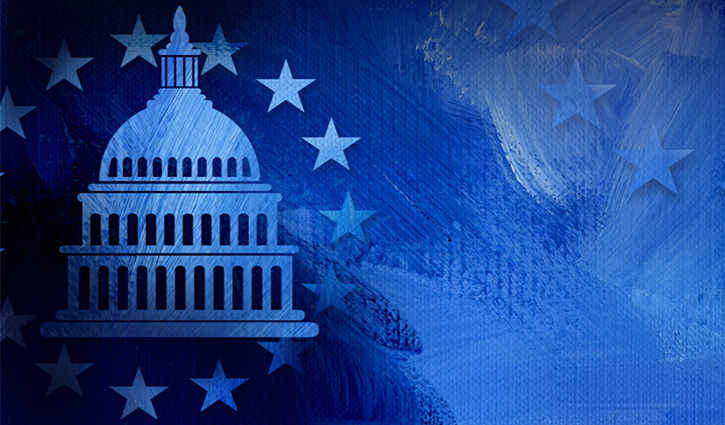 Silhouette of the U.S. Capitol building against a textured blue background with scattered white stars, symbolizing the pending regulations from the Biden Administration.