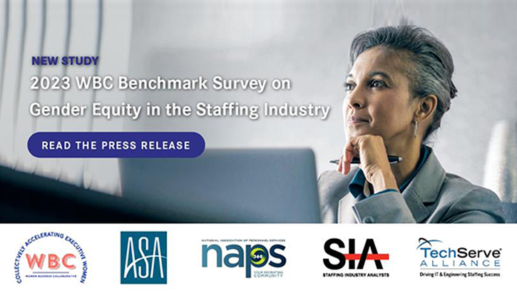 An underrepresented Asian woman with short gray hair rests her chin on her hand. Next to her, text reads, 2023 WBC Benchmark Survey on Gender Equity in Staffing Leadership Roles. Logos for WBC, ASA, NAPS, SIA, and TechServe Alliance are shown.