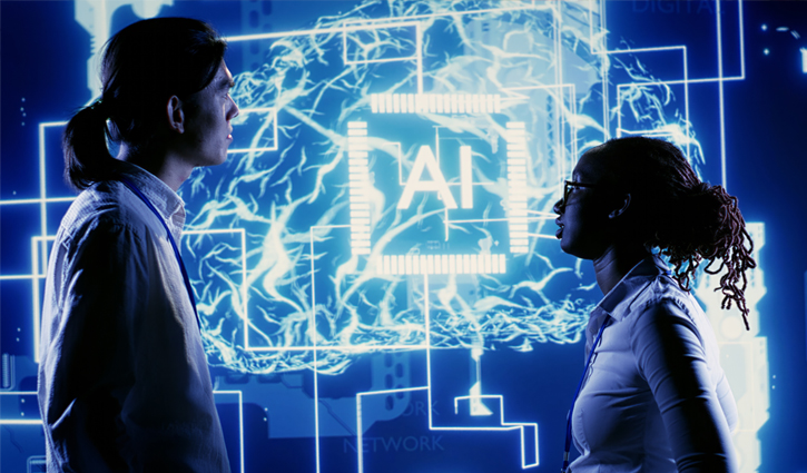 Two people stand facing each other against a digital blue backdrop with circuit patterns and a glowing AI symbol between them. They appear to be engaged in a discussion about AI for Staffing, pondering its impact on hiring processes.