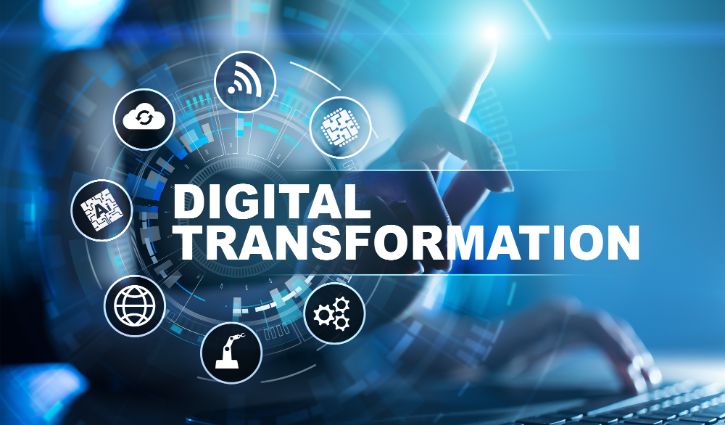 A futuristic digital graphic displays a hand pointing at circular icons of cloud computing, Wi-Fi, AI, and more. Digital Transformation in bold letters highlights the path to firm success in IT & engineering staffing against a sleek blue and black backdrop.