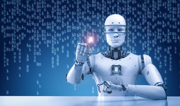 A humanoid robot sits at a table, holding a glowing red object, its neutral expression betraying the AI advantage it possesses. Binary code floats in the blue background, while mechanical joints and a digital interface on its chest hint at a futuristic vision of staffing evolution.