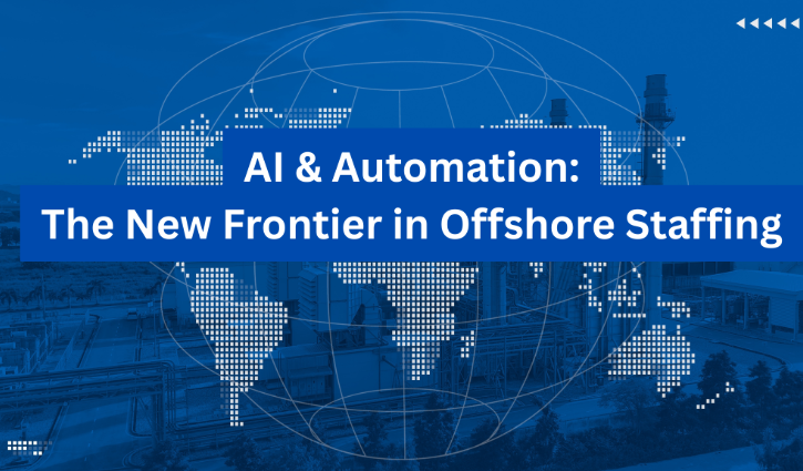 A digital world map with industrial buildings in the background and the text, AI & Automation: The New Frontier in Offshore Partnerships, displayed on a blue banner across the image.