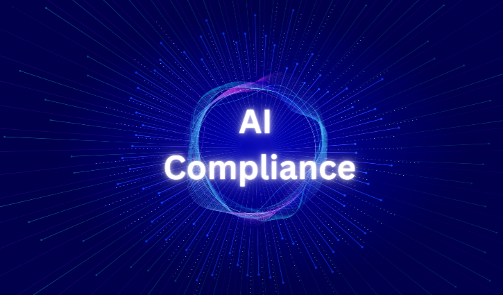 The words AI Compliance appear in bold white letters at the center of a dark blue background with glowing, radiating lines and a circular, digital wave pattern—evoking the importance of contracts and employee handbooks in upholding AI compliance.