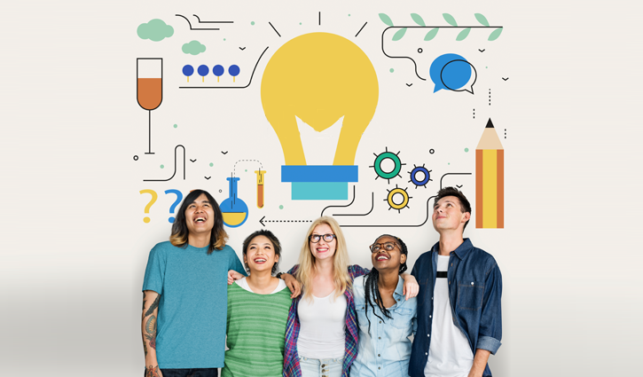 A diverse group of five people stands smiling in front of a wall adorned with creative symbols, including a large yellow lightbulb, speech bubbles, a pencil, gears, and laboratory icons. This vibrant display beautifully merges art and science, symbolizing ideas and innovation.