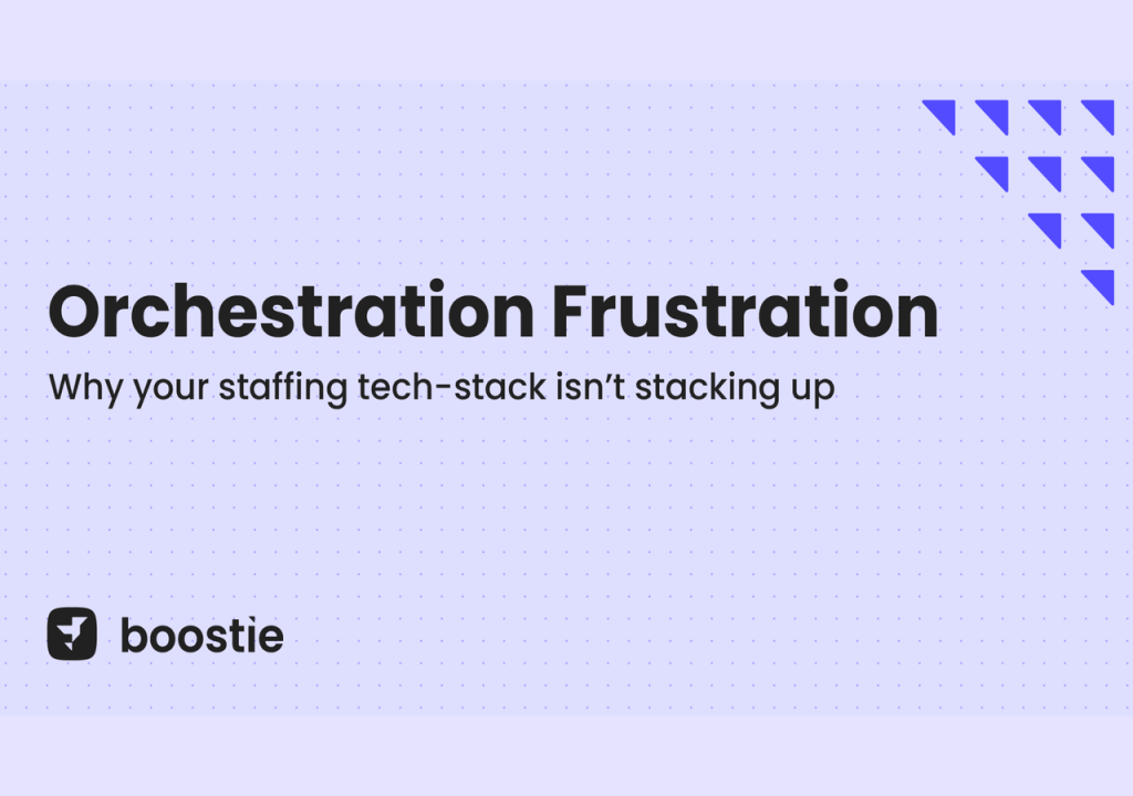 Slide with the title Orchestration Frustration: Why your staffing stack isn’t stacking up, boostie logo and name at the bottom left, and blue triangle shapes in the top right corner.