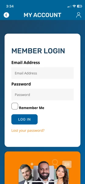 A mobile screen on the TechServe Mobile App displays a Member Login form with fields for email address and password, a Remember Me checkbox, a blue Log In button, and a Lost your password? link below.