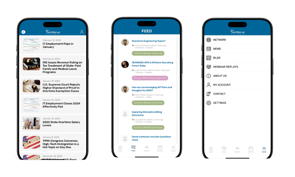 Three smartphone screens display the TechServe Mobile App interface: news articles list, a feed with user messages and reminders, and a navigation menu with options like network, blog, account, and settings.