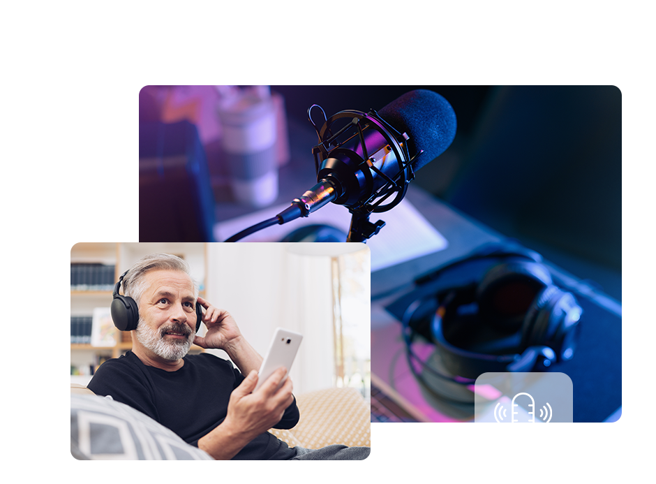 A man with gray hair and headphones listens to audio on his phone, while a microphone and headset sit on a desk, representing podcast or audio content creation using Elementor. Archive label #70532 is visible in the background.