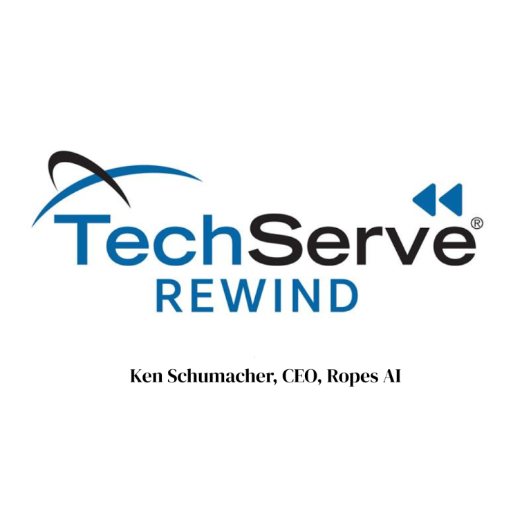 Logo for TechServe Rewind featuring a blue swoosh and rewind icon. Below, text reads: Ken Schumacher, CEO, Ropes AI. The clean design highlights technology branding and addresses issues like resume fraud in technical hiring.