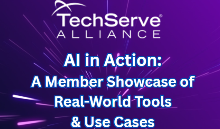 Purple background with dynamic light streaks. White “TechServe Alliance” logo at top. Bold text reads: AI in Action: A Member Showcase of Real-World Use Cases & AI Tools in blue and white.