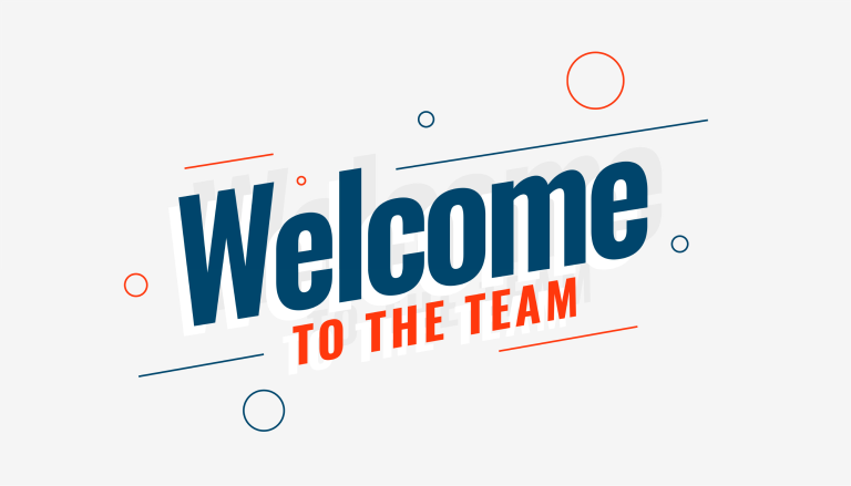 Bold text reading Welcome to the team, featuring Welcome in large blue letters and TO THE TEAM in smaller orange letters, with Sean Gilligan surrounded by blue and orange circles and lines on a light gray background.