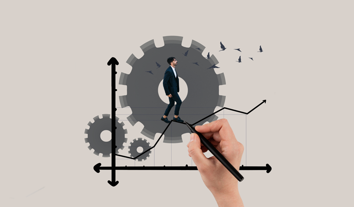 A person in a suit walks on a line graph with gears in the background, symbolizing future trends. A large hand holding a pen draws the upward direction. Birds fly nearby, representing progress and business growth heading into 2024.