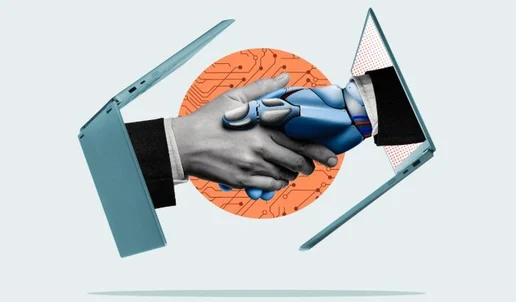 An illustration of a human hand and a robotic hand shaking hands, each emerging from separate laptop screens, with a circuit-patterned orange circle in the background, symbolizing collaboration in AI Search.